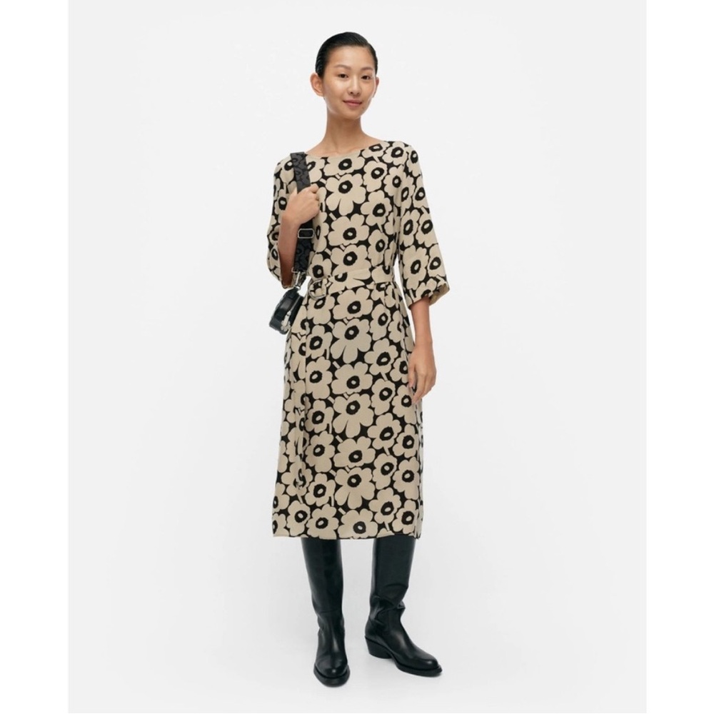 Marimekko floral beige and white belted dress